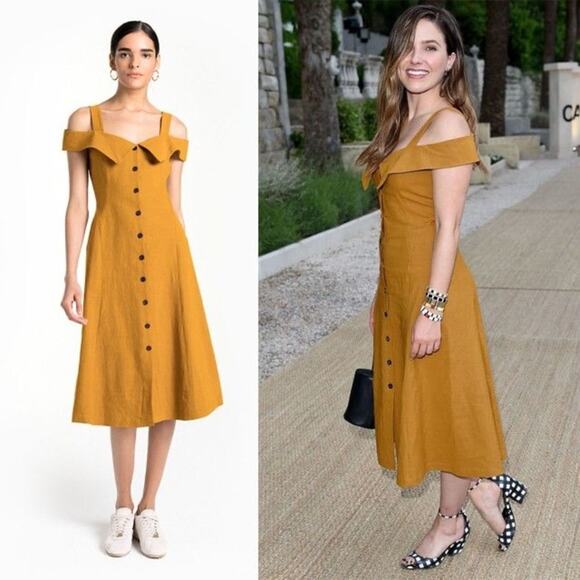 A.L.C. Hudson Cold Shoulder Linen Blend A-Line Dress Mustard Size 0 - Picture 2 of 9